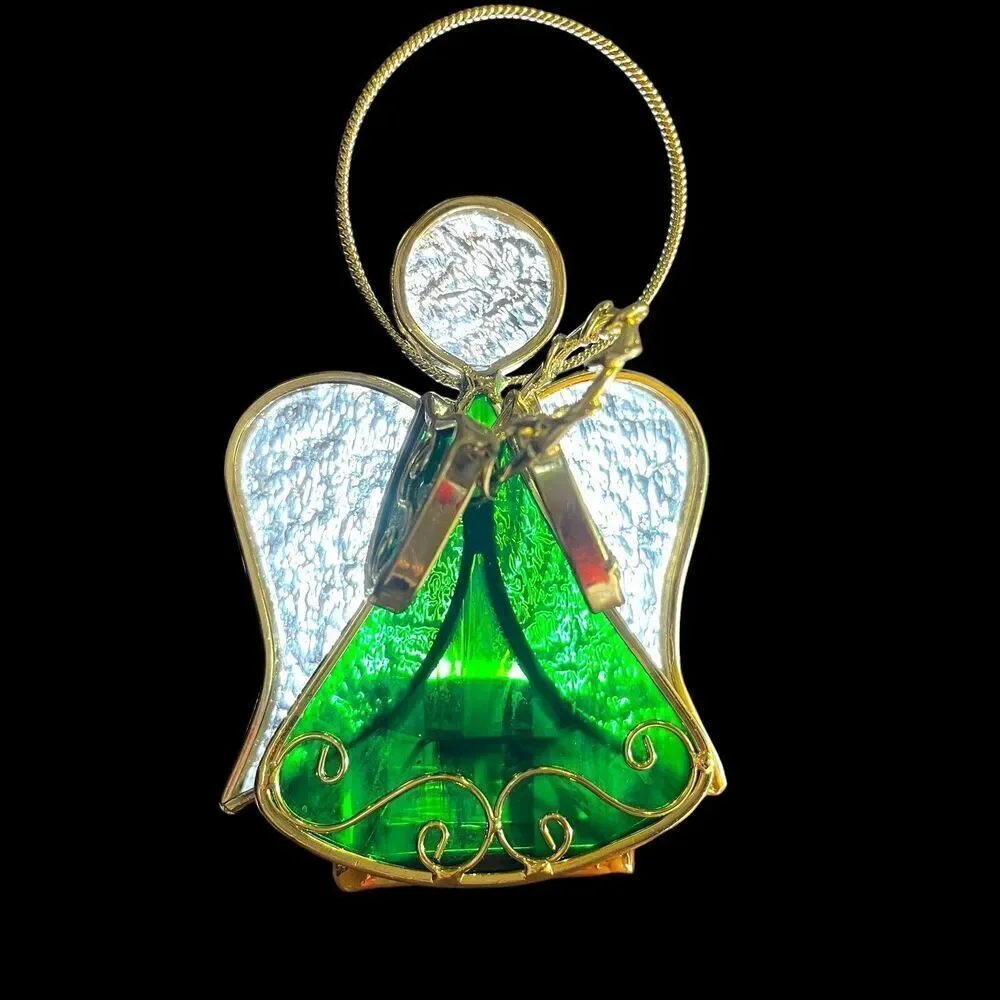 VTG Stained Glass Green & Gold Tone Metal Angel Tealight Votive Candle Holder
